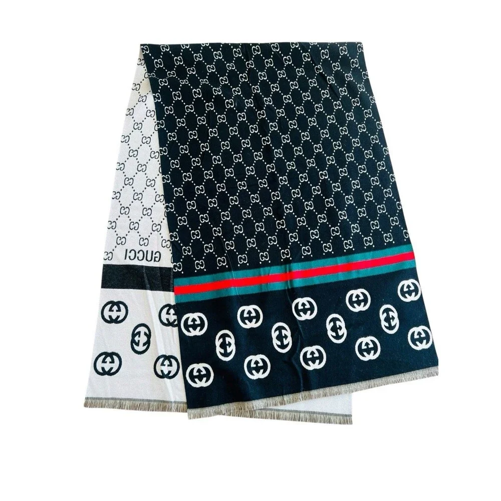 Gucci Reversible GG Monogram Cashmere Silk Scarf Black White 70”